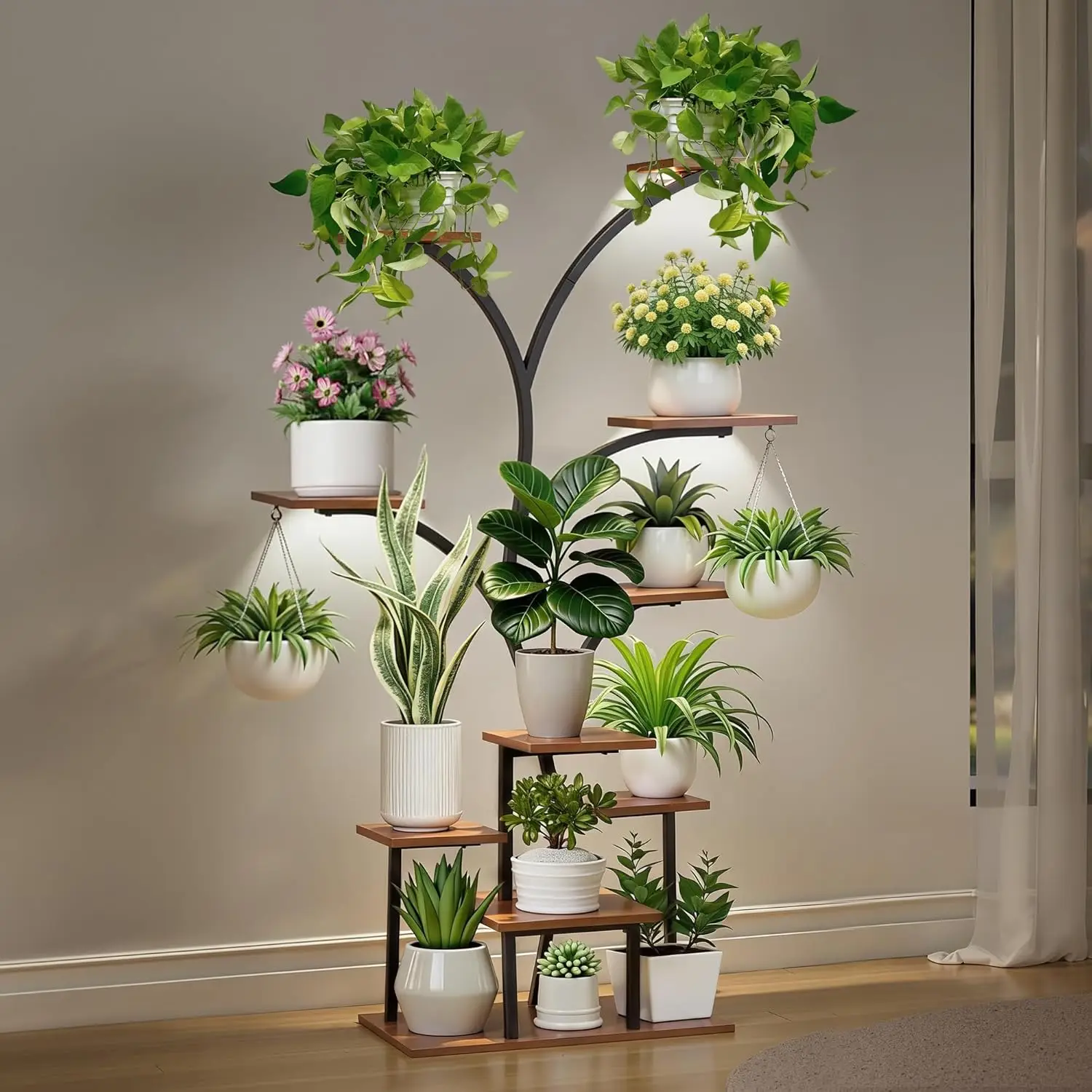VECELO Plant Stand With LED Light, 10-Tier Indoor Plant Shelf With Supplemental Lighting, Metal Frame & Wood Shelves With Hangin