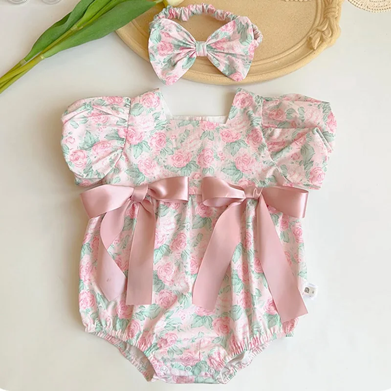 Summer Newborn Baby Girl Romper+Hair band Short Sleeved Cotton Floral Printing Toddler Baby Girls Jumpsuit Children Clothes