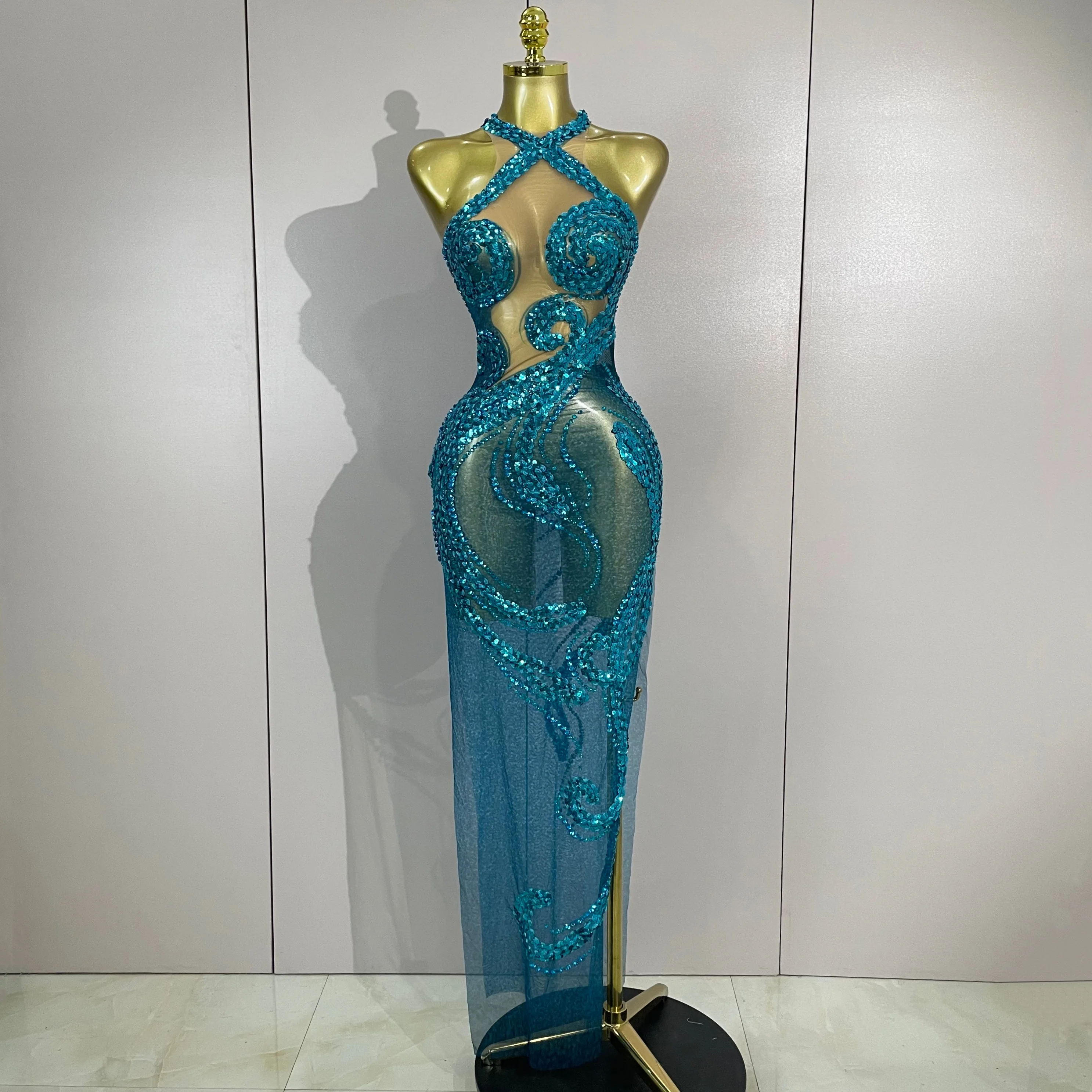 Glitzerndes Diamanten-Pailletten Ärmelloses Mesh Transparentes Langes Kleid 2026 Damen Geburtstag Abend Feier Party Sexy Bühnenkostüme