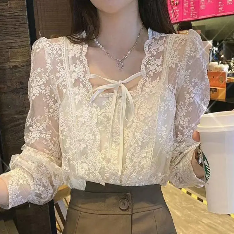 New French Women Square Collar Floral Lace Fairy Blouse Spring Autumn Casual Loose Tops Sweet Long Sleeve Lace-up Vintage Shirts