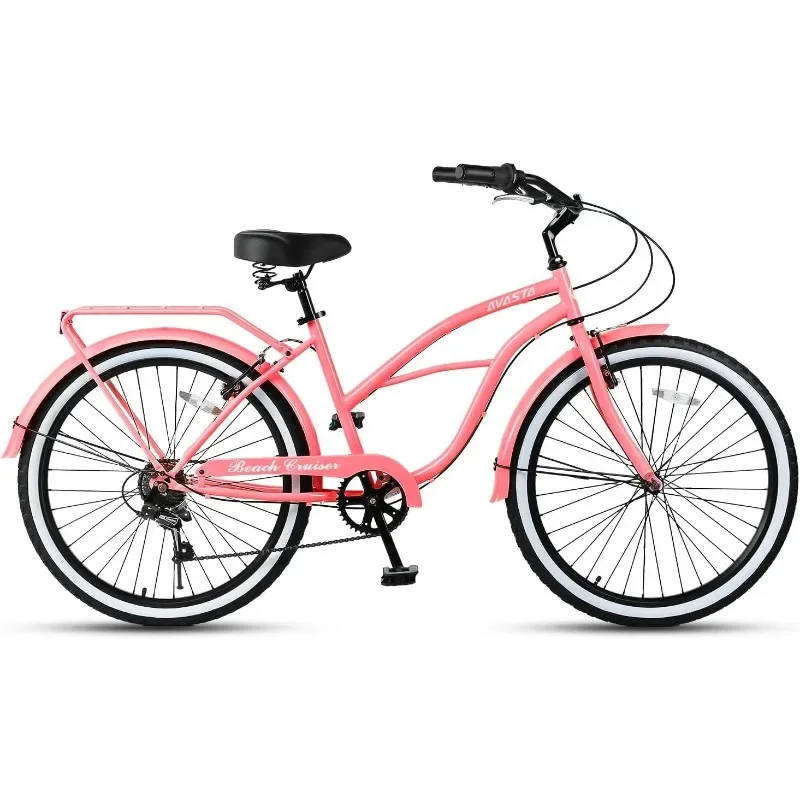 Cruiser Bike with 7-Speed，Dual V-Brakes, Comfortable Saddle Carbon Steel Frame Bicycle