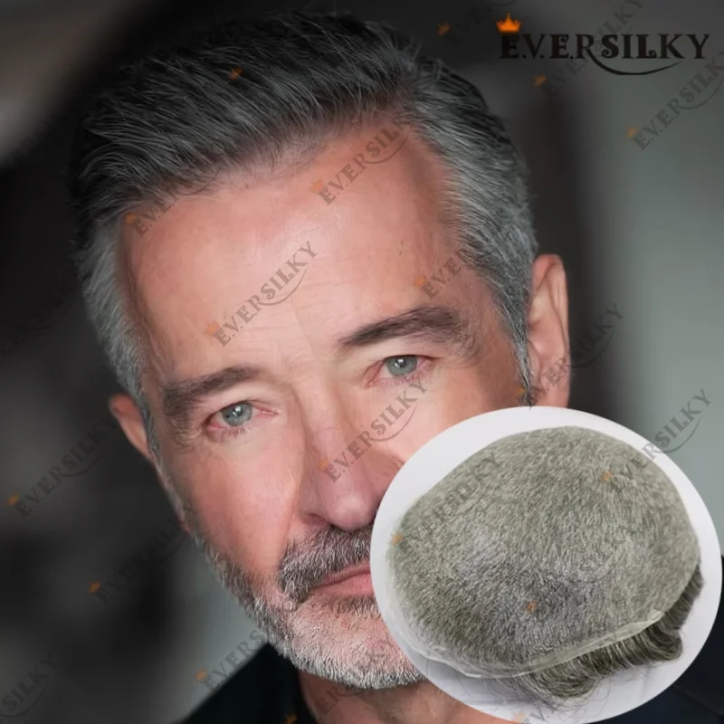 # 1B50 # 1B65 # 1B80 مزيج أسود رمادي شعر الإنسان رجل يبلغ من العمر الباروكات عالية الجودة كامل بولي PU 0.04-0.05 مللي متر رقيقة الجلد الرجال الشعرية الاصطناعية الباروكات #1