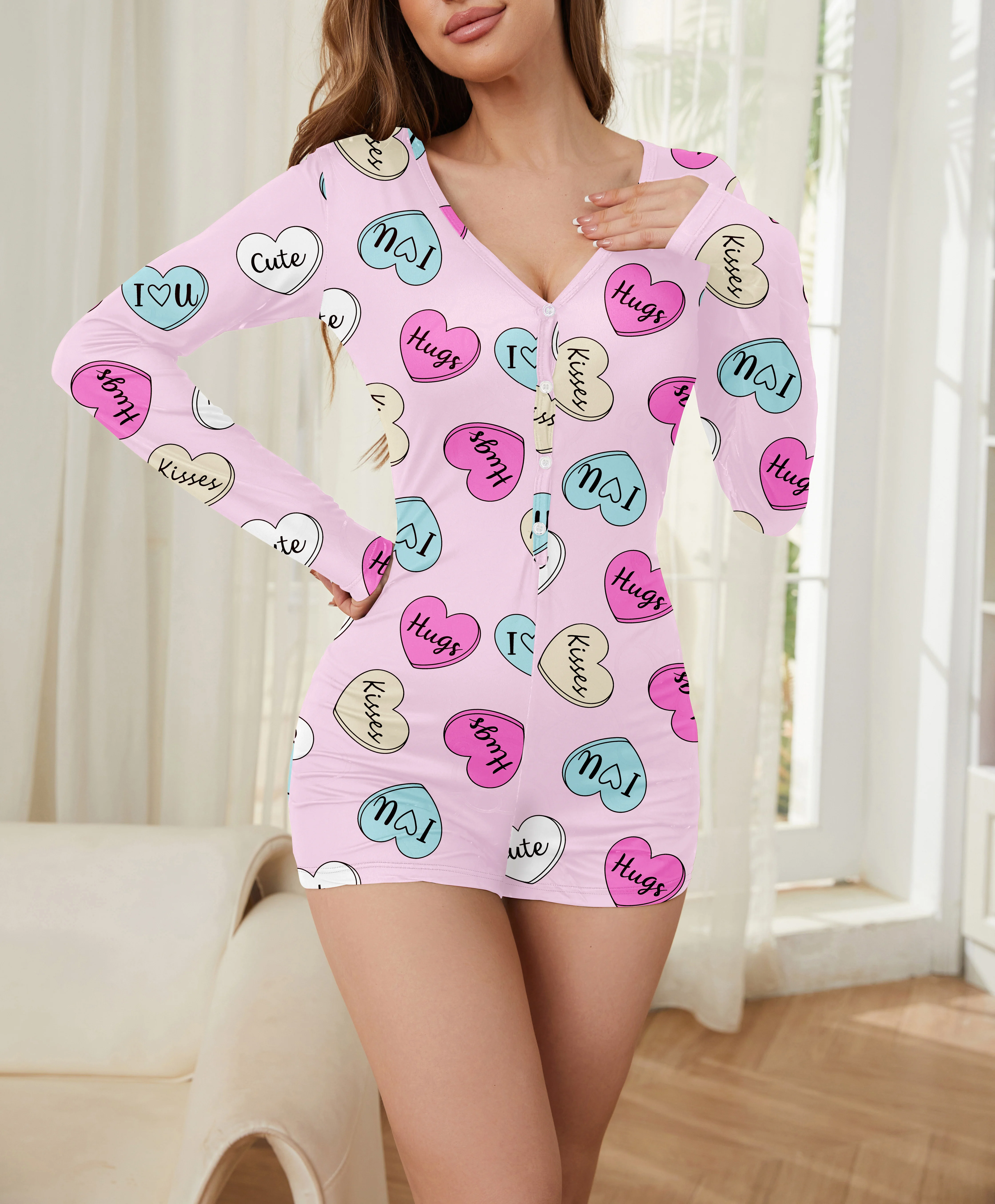 Women\'s Pajama Set Heart & Letter Print One Piece  Short Sleeve Romper Sleepwear Short Sleeve Sleepwear with Pants Pyjama Set