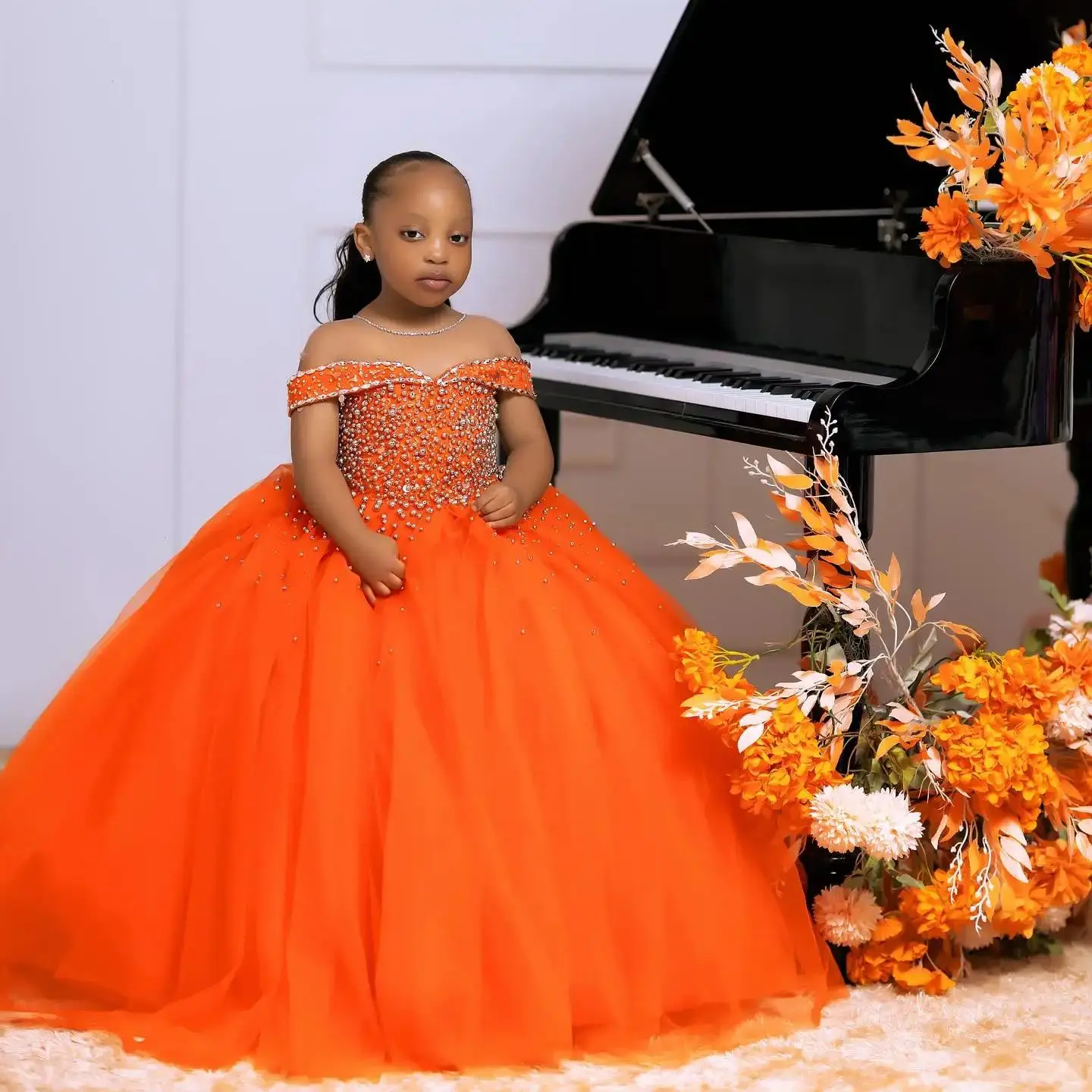 فساتين حفلات أعياد الميلاد للفتيات من التول البرتقالي، فساتين مخصصة لفتاة الزهور الكريستالية لحفلات الزفاف للفتيات الصغيرات