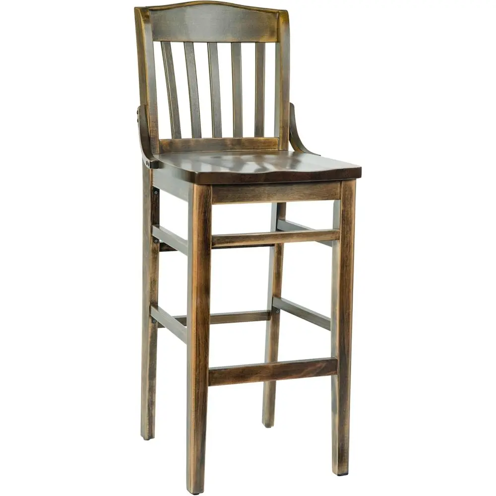 

School House Back Metal Restaurant Barstool - Antique Copper Wood Seat - Black Frame