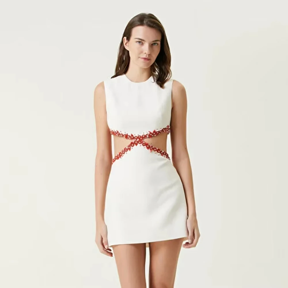 

2024 New Summer Women's White Sexy Sleeveless Round Neck Beaded Hollow Tight Mini Dress Elegant Celebrity Party Dress