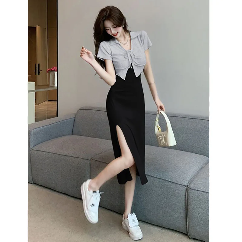 

Fake Two Sexy Dresses Summer 2025 New Style Temperament Slim Fit Slit Mid Length Spicy Girl Wrap Hip Skirt