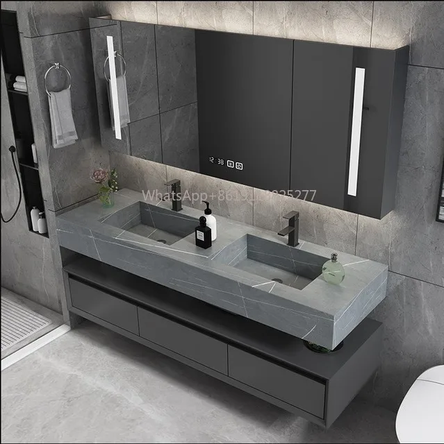 Lavabo inteligente para baño, soporte para inodoro, luz de lujo, moderno, doble lavabo, tablero de roca, combinación de armario