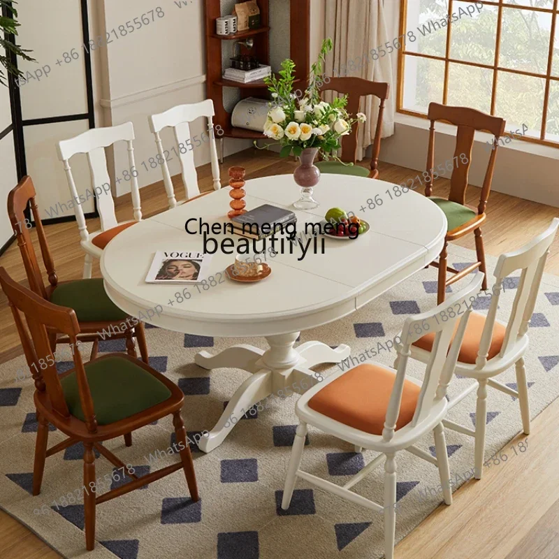 

182C French Style Retro Domestic Small Apartment Dining Table Retractable American round Solid Wood Multifunctional Table