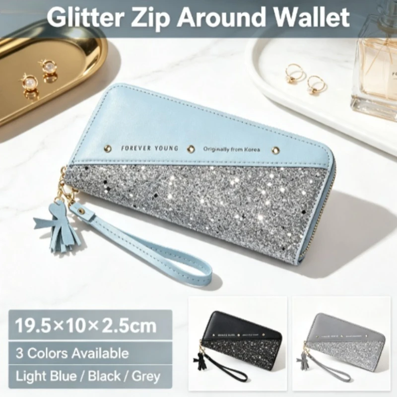 New Women Long Zipper Wallet, Korean Contrast Splice Clutch, Rivet Tassel Versatile Student Phone Purse