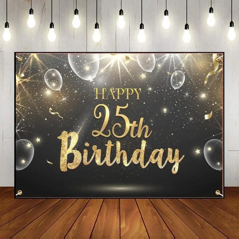 The Breath of Youth Golden Photography Backdrop Balloon Happy 25th Birthday Banner Photo Party Wall 25year Background Man Woman