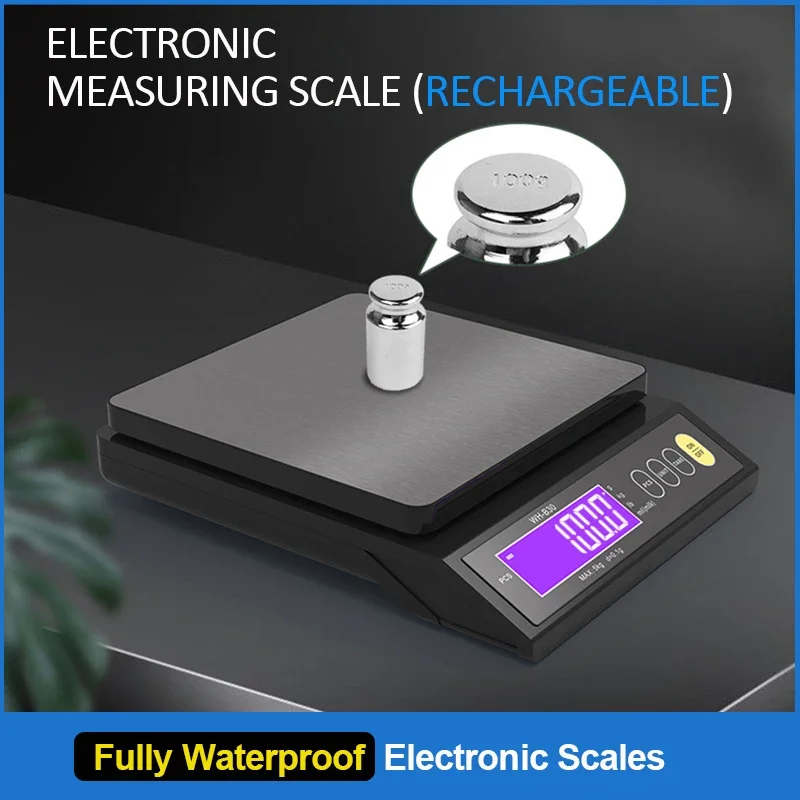 

5kg/10kg Rechargeable Kitchen Scale Fully Waterproof LCD Display Stainless Steel Electronic Scale Household Weighing Baking Tool