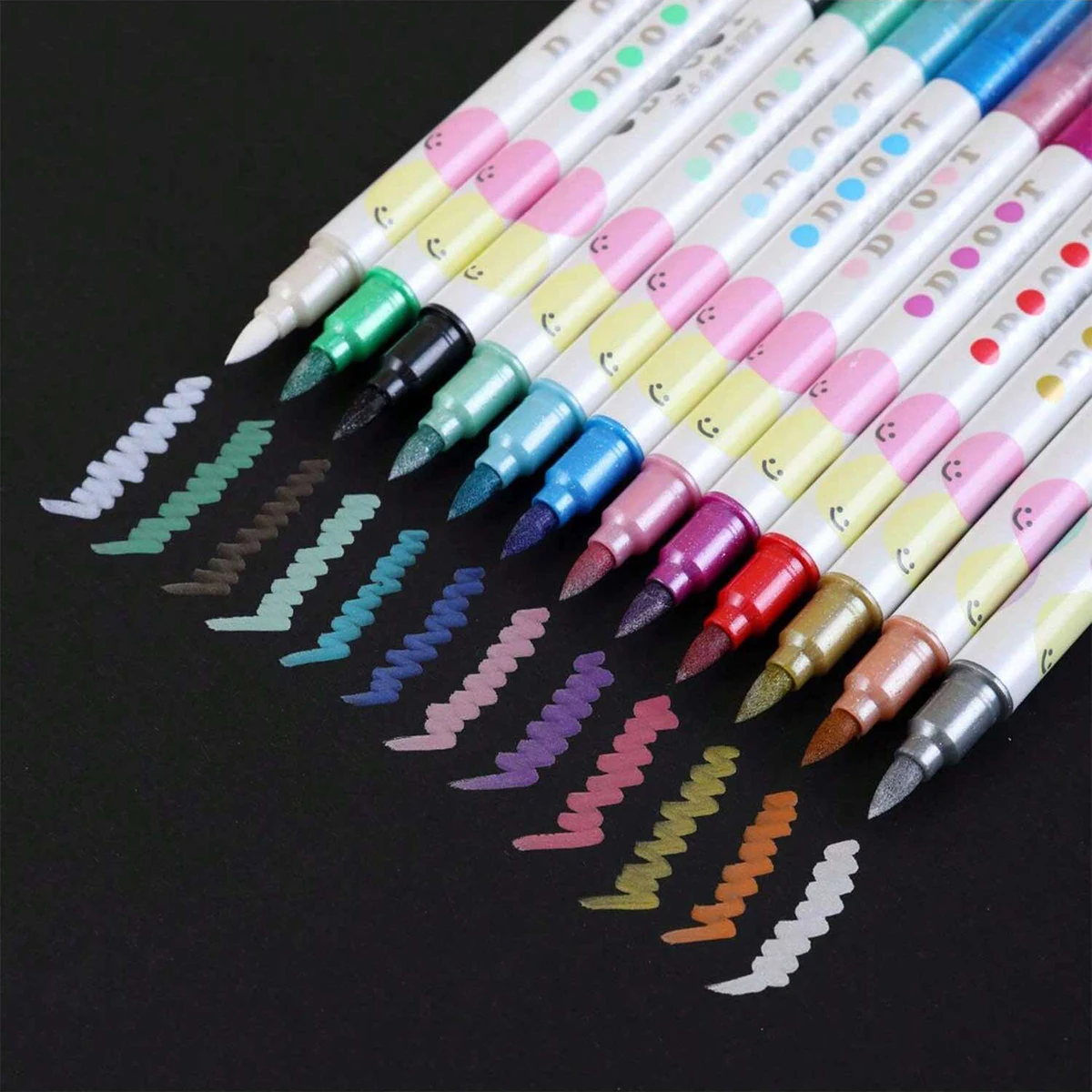 12Colors/box Kawaii Double Head Wave Dot metal beauty pen Marker For Scrapbook Painted Stationery School Supplies