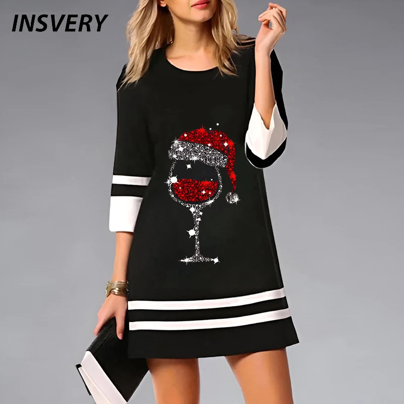 Christmas Dresses For Women Fashion O Neck Wine Print 3/4 Sleeve Loose Party Dress Women Casual Mini Dress