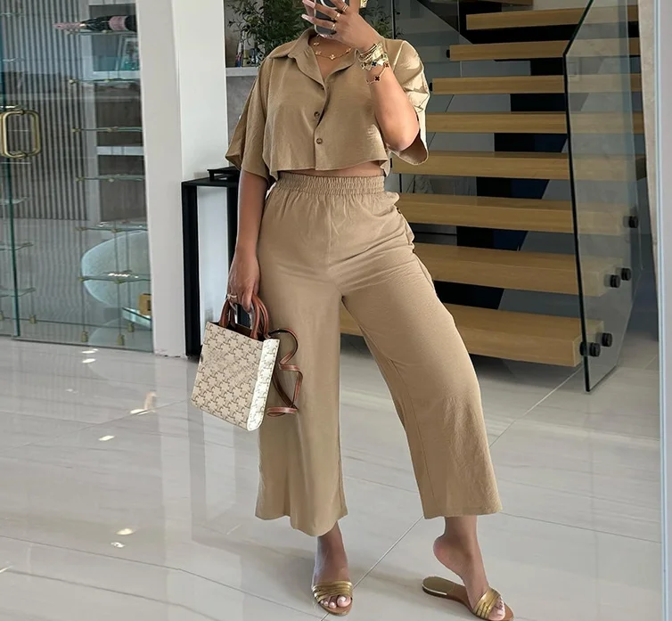 Solid Color Loose Casual Pants Set Temperament, Collar Short Shirt, High Waisted Drawstring Single Breasted Cropped Pants