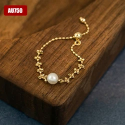 Real 18K Gold Ring Simple Natural Freshwater Pearl Pure AU750 Adjustable Elastic Ring for Women Fine Jewelry Gift