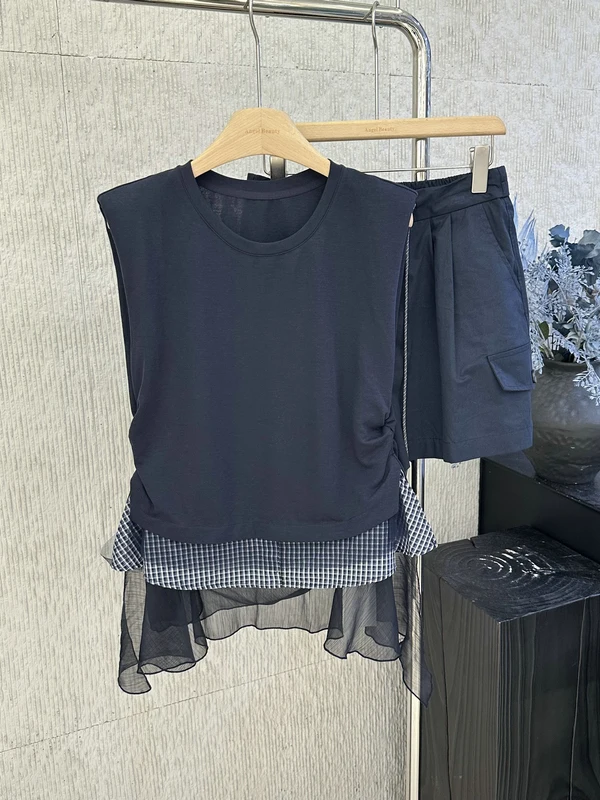 

Summer Trendy Two-Piece Set Oxygen Girl's Youthful Plaid T-Shirt Workwear Skirt Women's Fashion Netting Splice Dresses