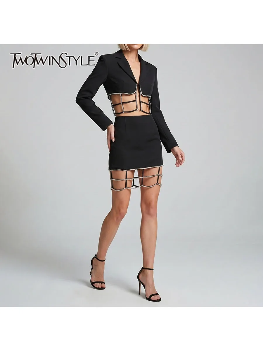 TWOTWINSTYLE Diamond Spliced Cutout Slim Two Piece Set for Women Lapel Collar Long Sleeve Top High Waist Mini Skirt Sets Female