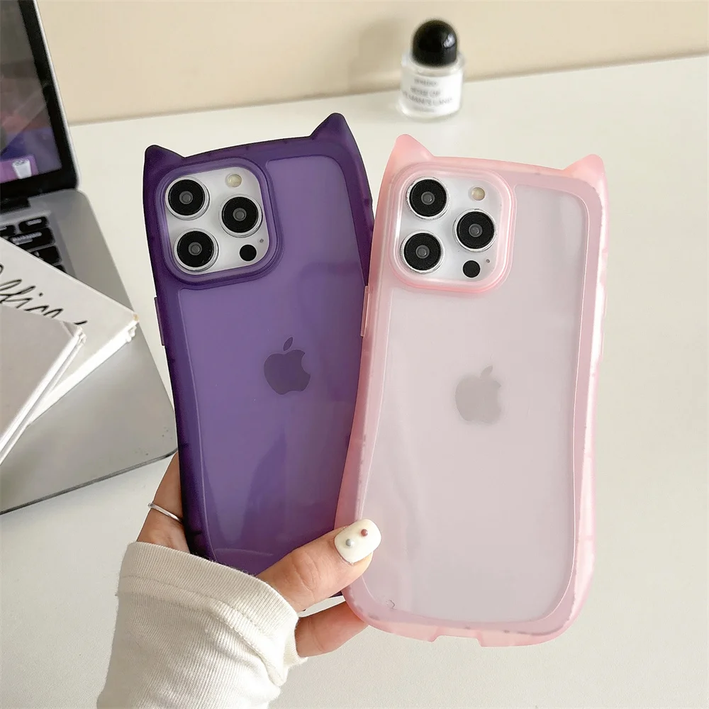 Korean Cute Cat Ear Clear Soft Case For iPhone 15 14 Plus 13 12 11 Pro Max Matte Transparent Protective Shockproof Silicon Cover