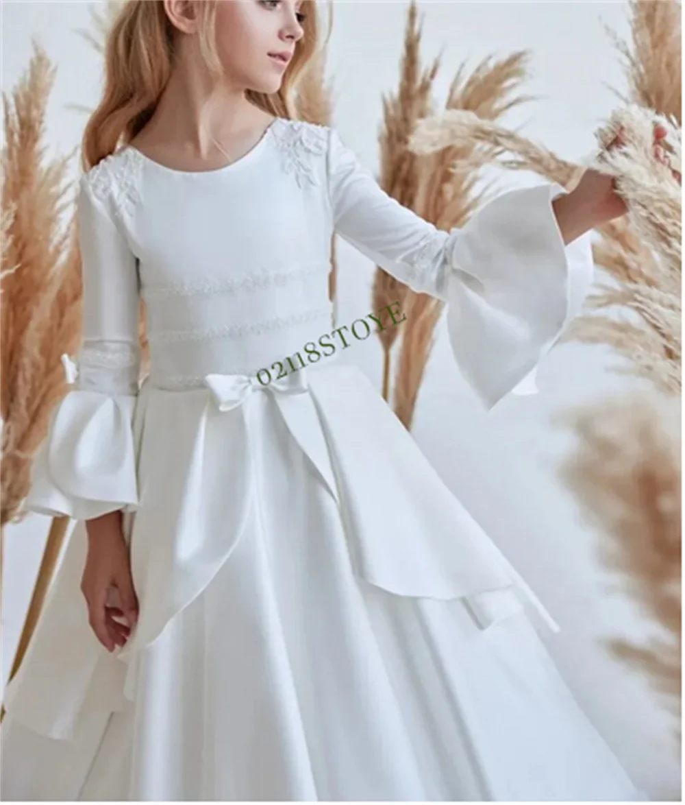 Vestido de primeira comunhão branco cetim clássico para meninas, manga comprida com peplum, gola O, vestido princesa floreira