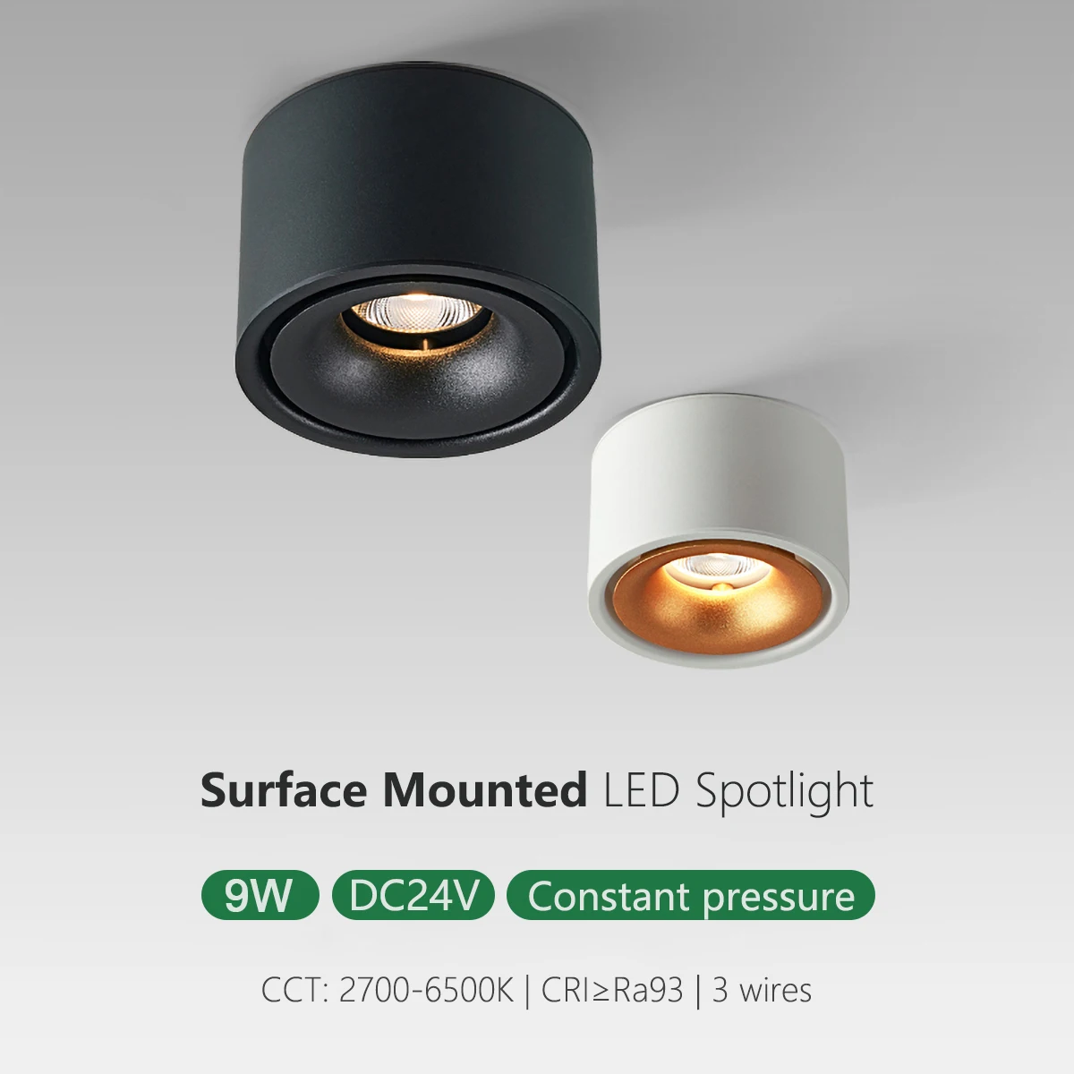 Surface Mounted Round LED Downlights DC24V Constant Pressure CCT Ra93 3 Wires Black White Gold Spotlight  For Intelligent system