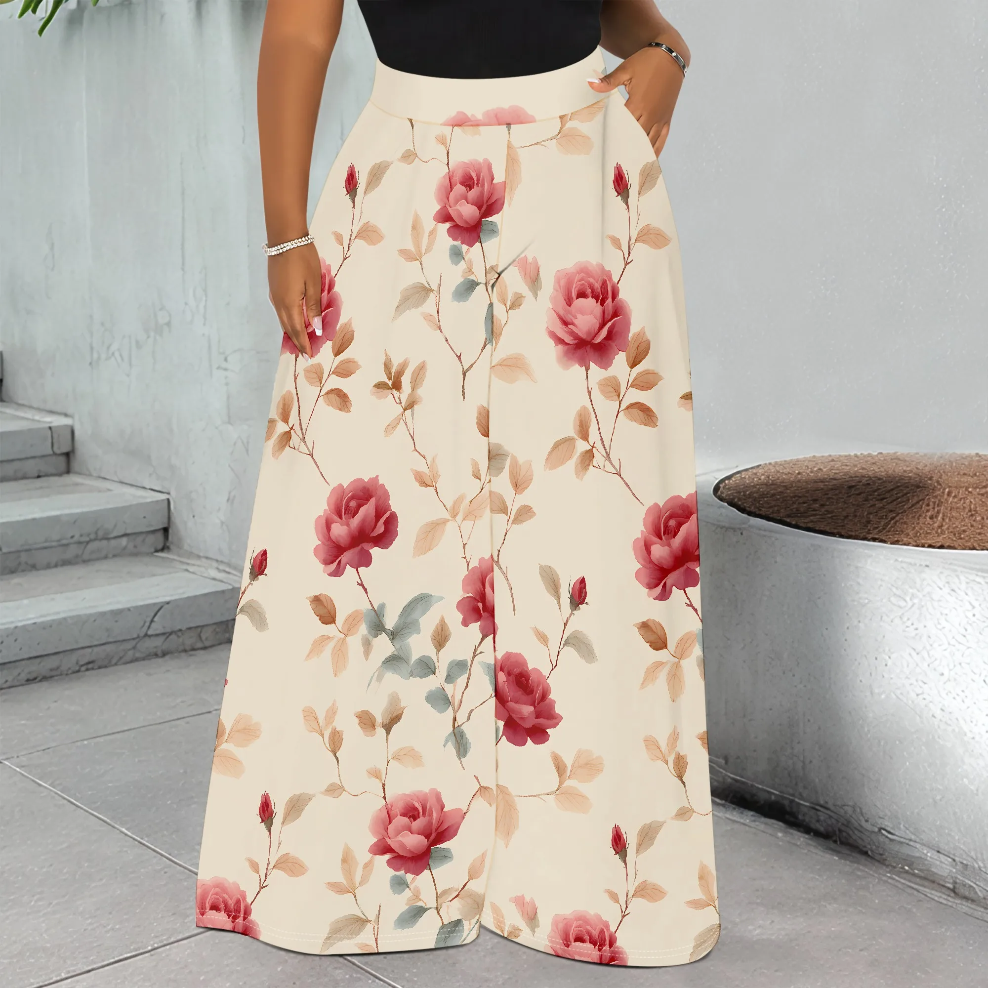 

Floral Print Pocket Pants Rose Pattern Trousers High Waist Wide Leg Pants Casual Beach Wear for Women