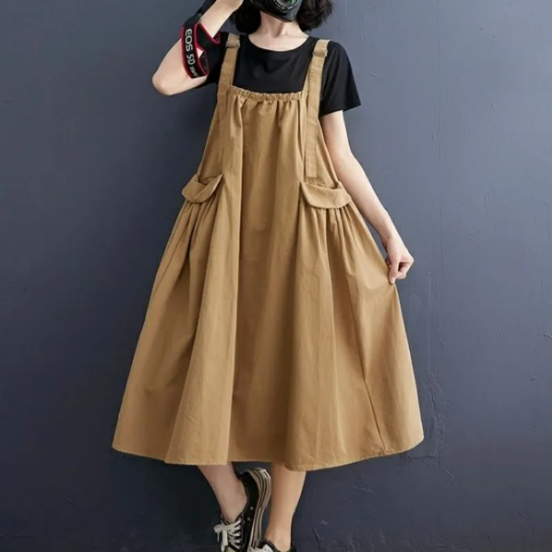 

Women Summer Vintage Simple Casual Sleeveless Adjustable Strap Dresses Female Ruffled Solid Loose Pockets All Match Midi Dress