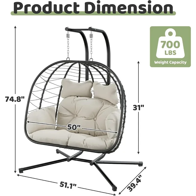 Double Hanging Egg Chair with Stand Outdoor Indoor Swing Chair with Removable Cushion for 2 Person Heavy Duty 700LBS Capacity