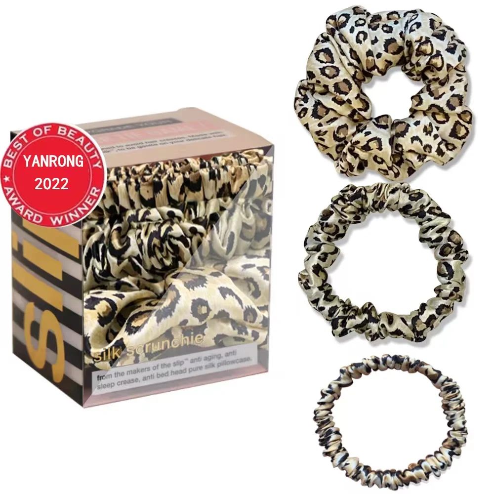 3PCS/Box YANRONG 100% Natural Silk Women Hair Ties Leopard Print Hair Scrunchies (19Momme) Hair Accessories (large/medium/small)