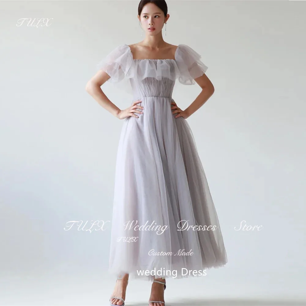 

TULX Korea Square Neck Wedding Dress Photo Shoot Short Sleeve Ankle Length Bridal Gown Soft Tulle Bridesmaid Dresses Corset Back