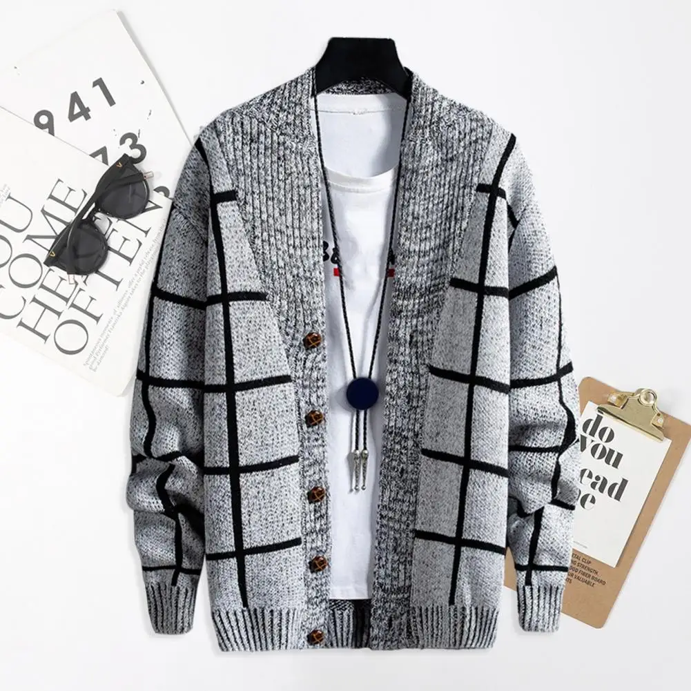 Men's Plaid Cardigan Sweater Relaxed Fit Thickened Loose Trendy Knitted Autumn Coat with Ribbed Cuffs