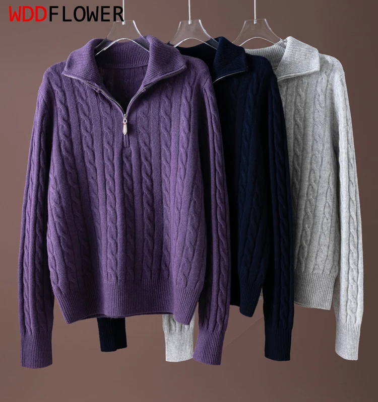 

Женский свитер из 100% натуральной шерсти, фиолетовый, однотонный, вязаный, на молнии, водолазка, пуловер с длинными рукавами, теплый топ на осень-зиму M1475