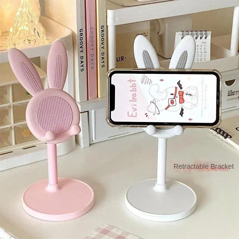 Pink Phone Holder Adjustable Lovely Rabbit Cartoon Table SupportDesktop Cell Phone Stand for IPhone 13 14 Samsung Smartphone