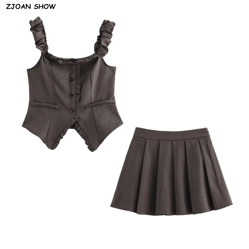 

2025 Sexy Dark Gray Wood ears Front Open Buttons Elastic Strap Tank Top + Side Zipper Waist Pleated Mini Skirt 2 Pieces 1 Set