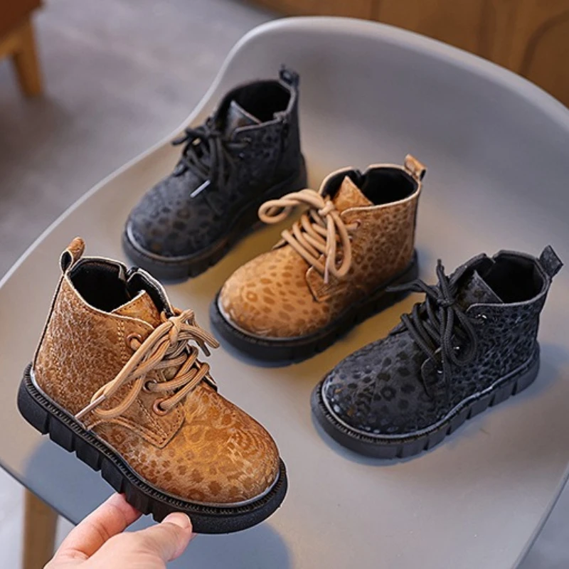 JGSHOWKITO Kids Leopard Ankle Boots Side Zipper Boys Girls Causal Platform Boots Non-slip Outdoor Daily Children Leather Boots