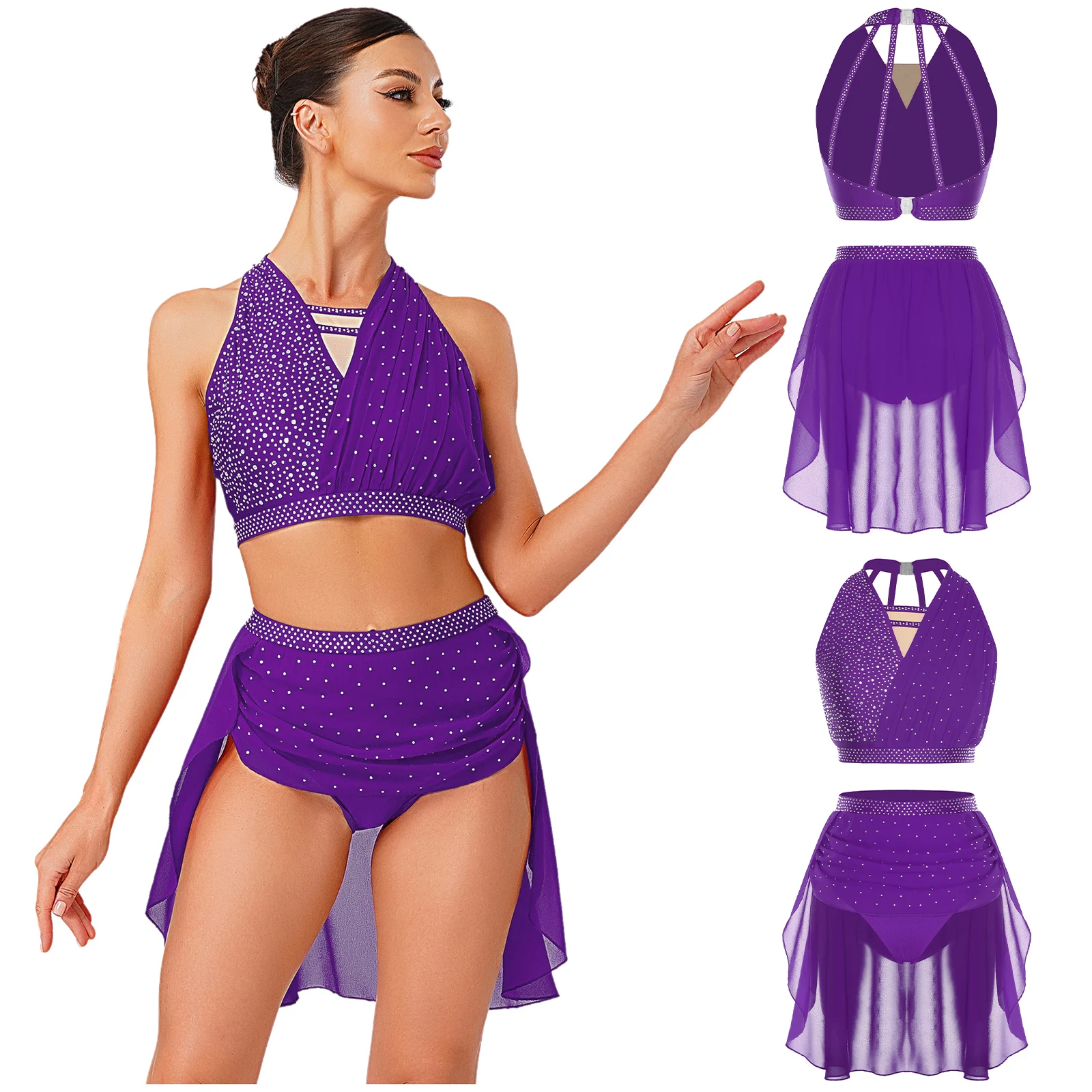 

Женский костюм для выступлений по фигурному катанию: лирический современный наряд для танцев с элементами балета, комплект из укороченного топа без рукавов с бретелью через шею и драпировкой, а также сетчатых трусиков-юбки.