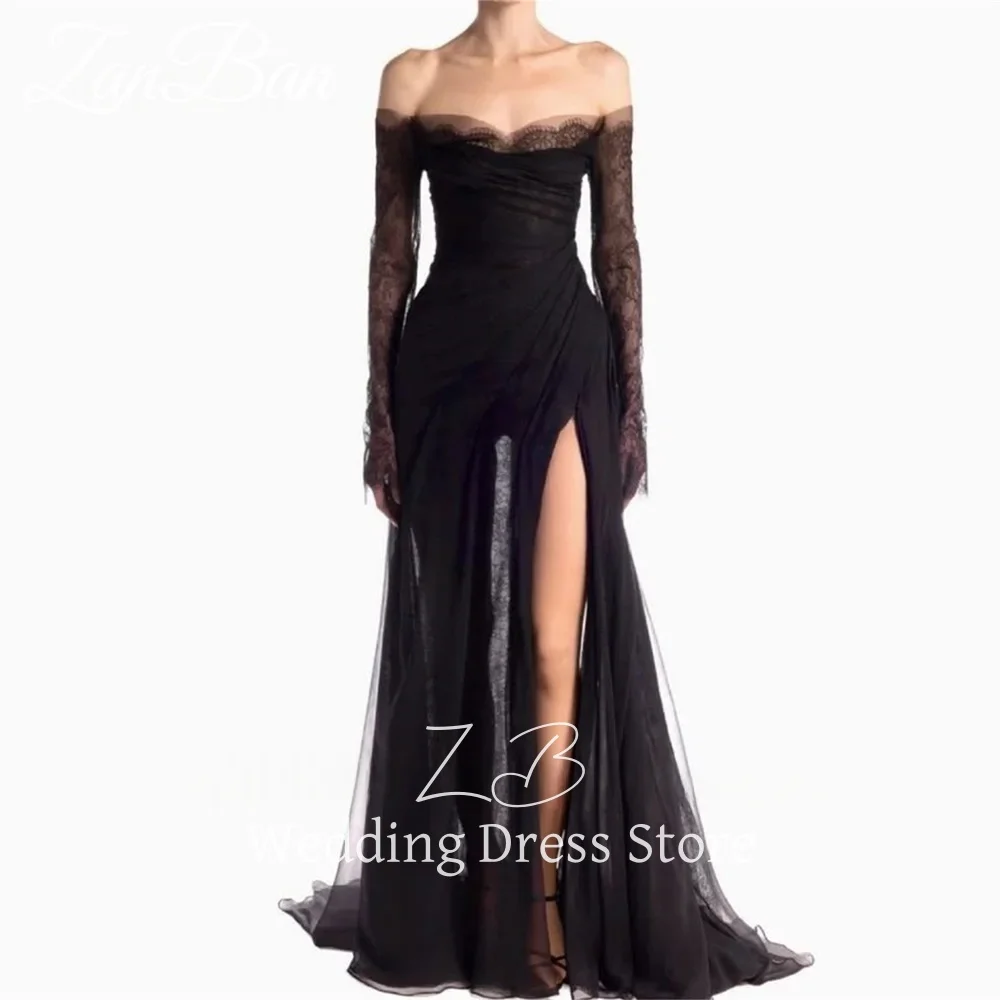 Image of ZanBan Sexy schwarze Ballkleider, schulterfrei, volle Ärmel, Hochzeitsparty-Kleider, Illusion, herzförmiger Ausschnitt, Seitenschlitz, individuell gestaltet