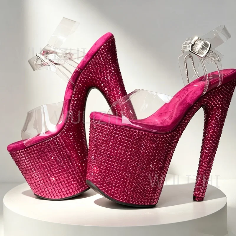

Rose Pink Crystal Diamond Sandals Sparkling Women Blue Jewel Green Yellow Custom Buckle Heels 20cm 8 Inch Open Pole Dancing Shoe
