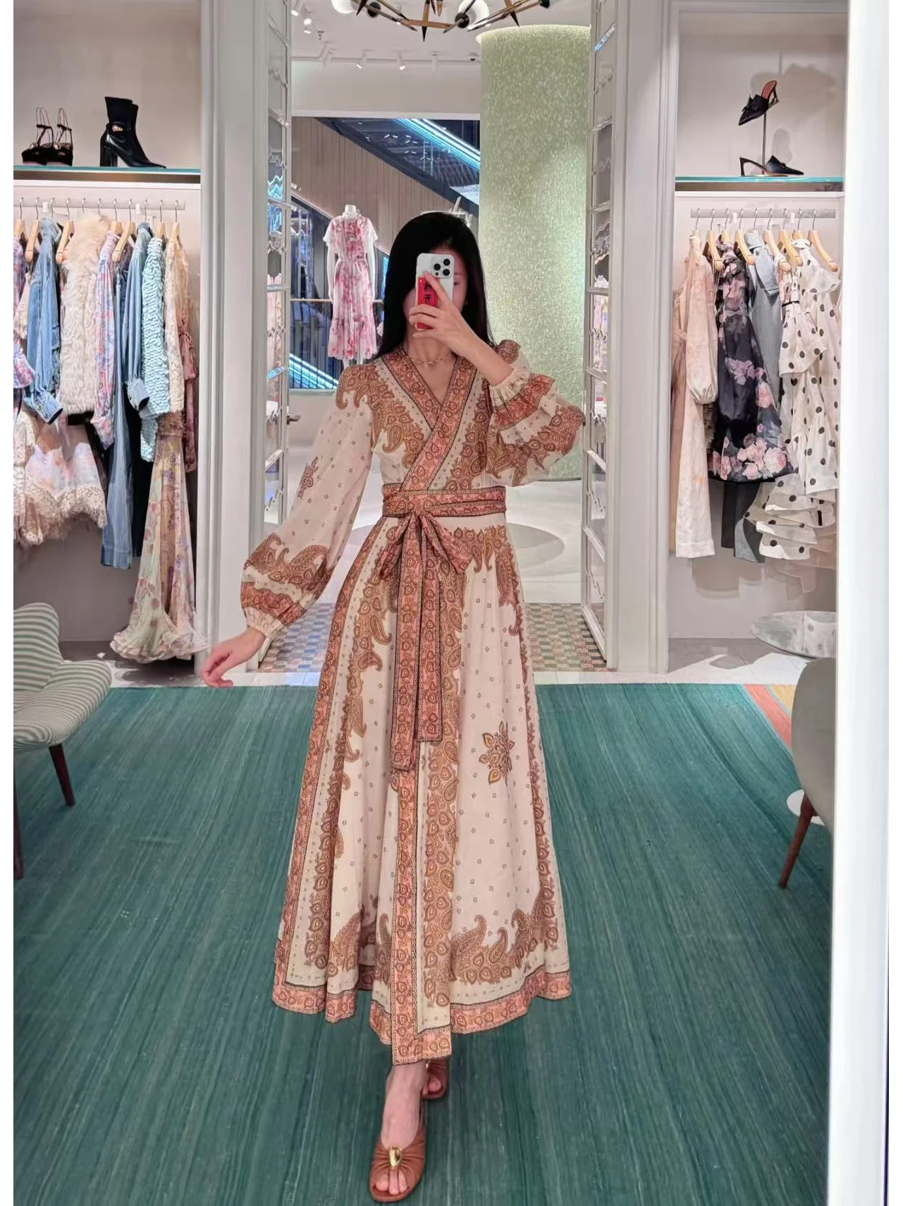 

Long Cotton Print Dr with Lantern Sves for Holiday Z Home Ele Sle Loose Fit A-Line Gown with Belt