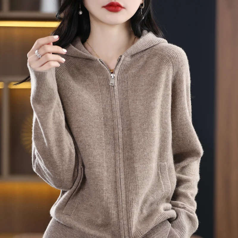 2023 New Autumn Women Cardigan Sweater Jacket Korean Loose Zipper Hooded Casual Cashmere Knitted Cardigans Ladies Sweater Coat