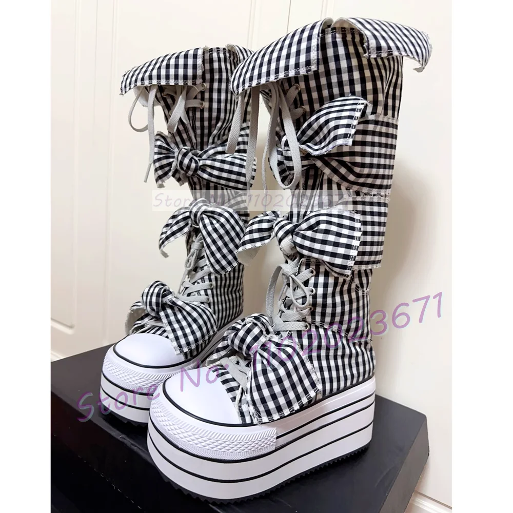 

Bowknots Thick-sole Long Canvas Shoes Women Trendy Round Toe Cool Plaid Shoes Girl's Lolita Sweet Lace-up Platform Tall Boots