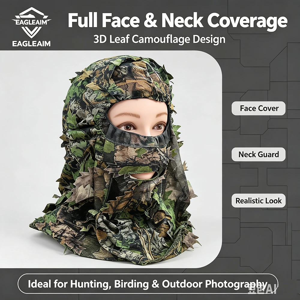 3D Leaf Camo Ghillie Face Mask Full Head Neck Cover Breathable Mesh Balaclava for Hunting Wildlife Photography Airsoft CS Game