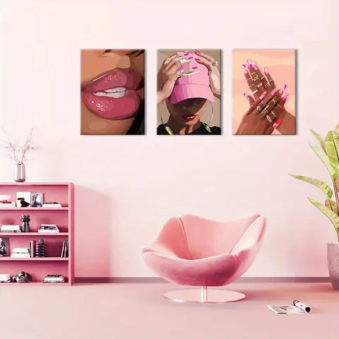 [2D Flat] Black Girl Wall Art Set of 3 - Pink African American Woman Canvas Wall Decor Pictures, Fashion Paintings Prints for Li