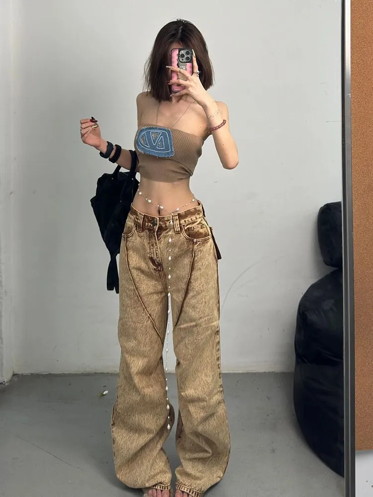 American Retro Cargo Pants Oversized Fashion Baggy Wide Leg 2024 Spring Summer Women Y2K Grunge Streetwear Style Denim Trouser