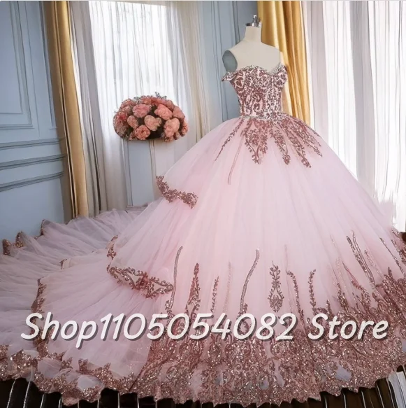 

Великолепное детское розовое платье Quinceanera с v-образным вырезом по индивидуальному заказу, плиссированные платья с застежкой на плечах и блестками со шлейфом, 15-летние платья для взрослых