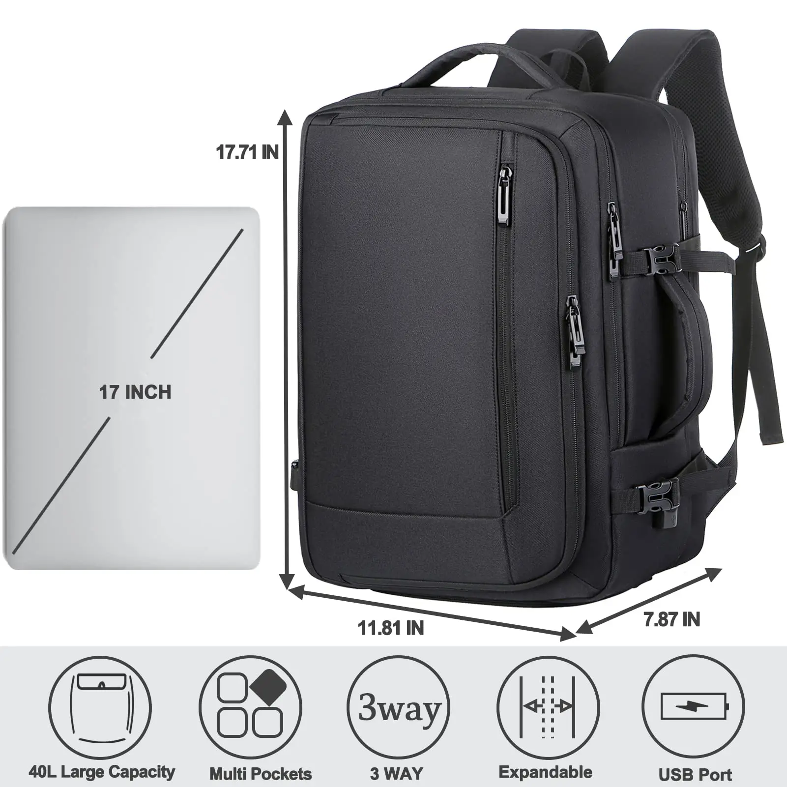 Imagem -02 - Mochila de Viagem para a Companhia Aérea Masculina Feminina Aprovada 40l Extra Grande Continuar Mochila Mochila de Bagagem Expansível para o Portátil 17in