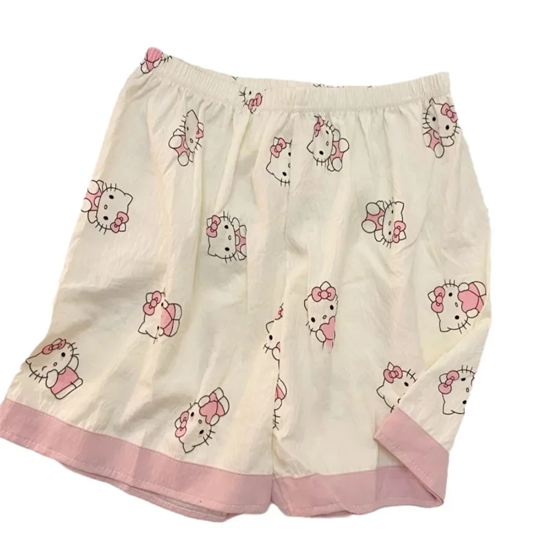 Sanrio Hello Kitty pijama feminino de manga curta, seda gelo, terno casual de duas peças, shorts de verão, roupas