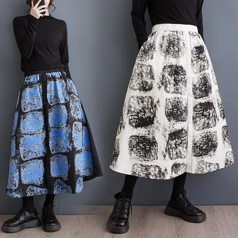 

2024 Spring And Autumn Skirt Women Korean Version Loose Print Spliced Fashion Design Loose Versatile Slim Mid Length Skirt Z4418