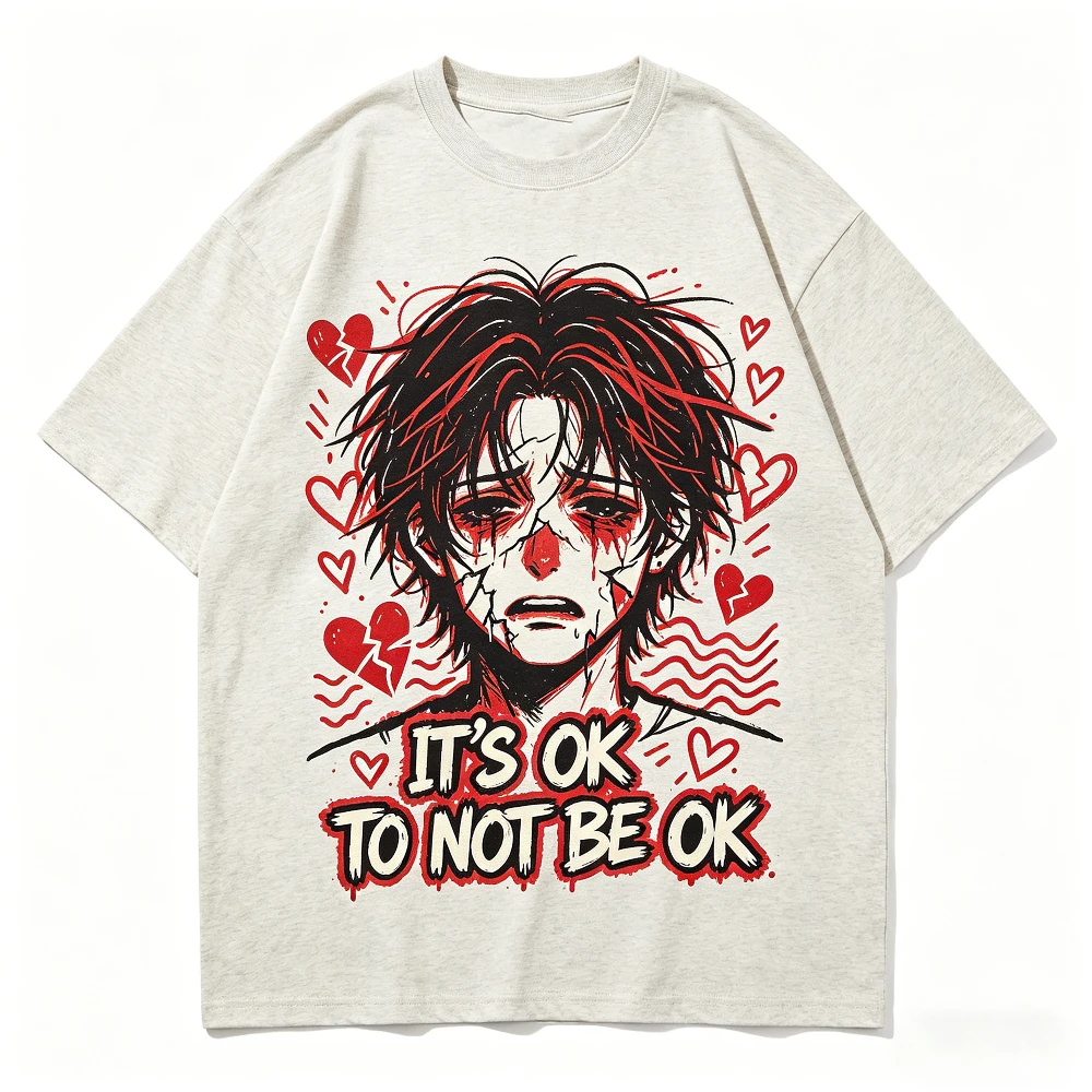 Vintage Grunge Anime Graphic Tee Oversized Cotton Broken Heart Mental Health Slogan Streetwear T Shirts For Unisex