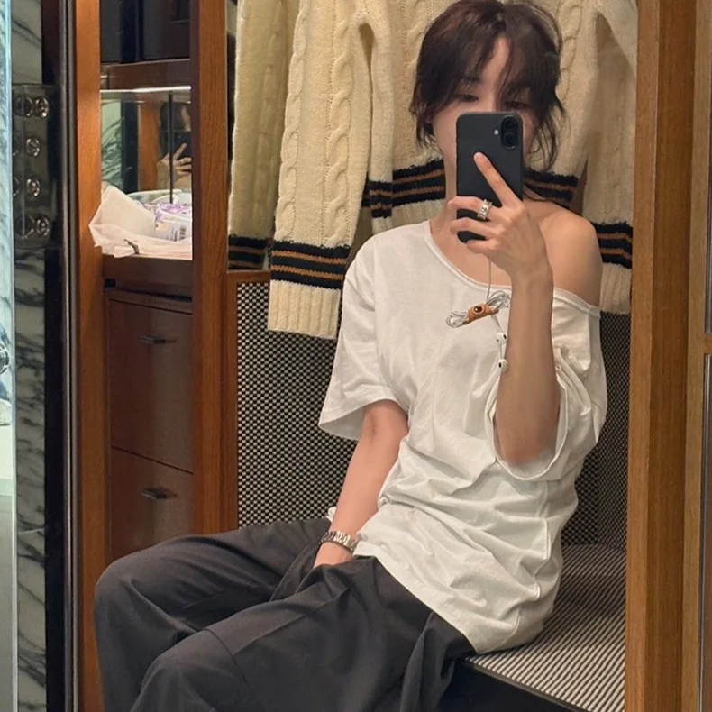 

Ele Slim Fit круглая футболка Ne ort Sve с оulder Bared, летнее новое поступление из Dongda Gate De *rest, хлопковый вязаный топ